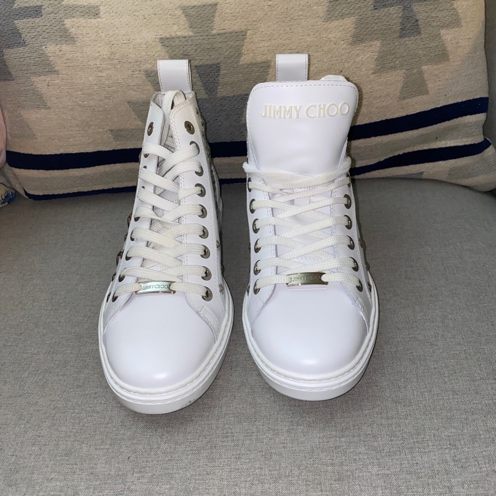 FINAL SALE Jimmy Choo colt studded star mid top WHITE sneakers logo NWT - Picture 2 of 9